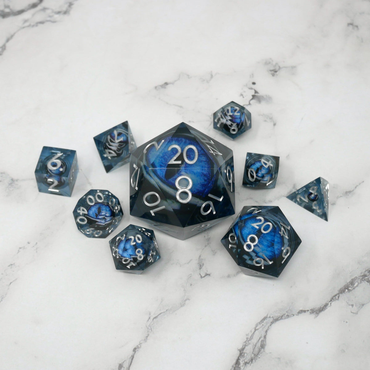 Blue Slaadi's Eye - 7 Piece Moving Eye DnD Dice Set | Acrylic RPG Gaming Dice