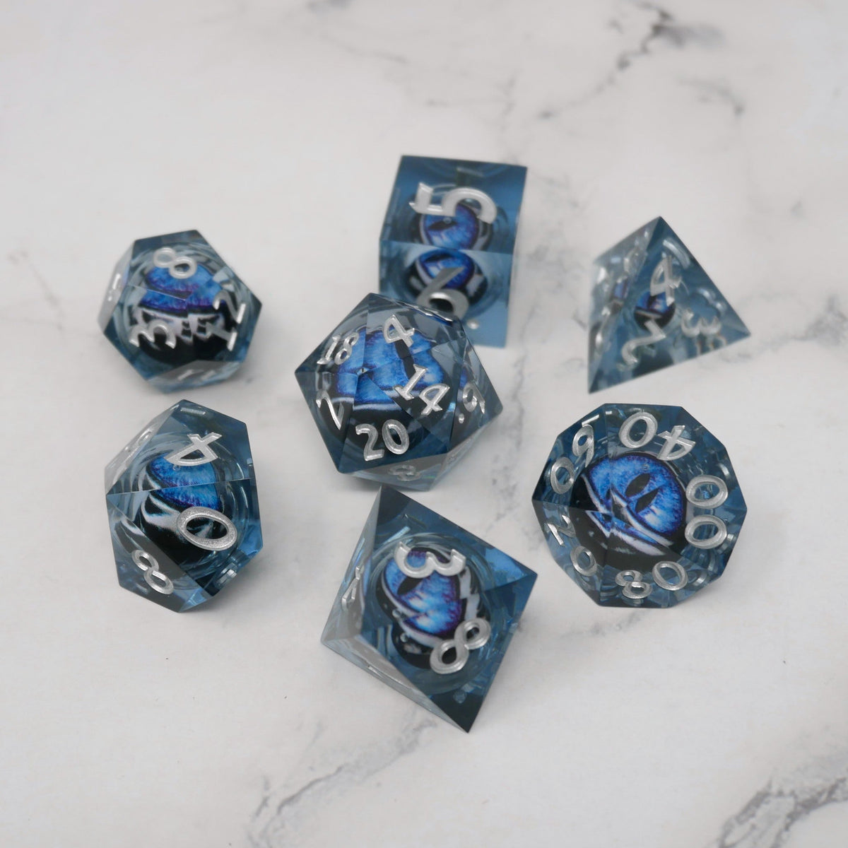 Blue Slaadi's Eye - 7 Piece Moving Eye DnD Dice Set | Acrylic RPG Gaming Dice