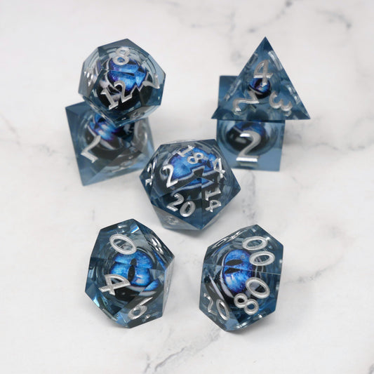 Blue Slaadi's Eye - 7 Piece Moving Eye DnD Dice Set | Acrylic RPG Gaming Dice
